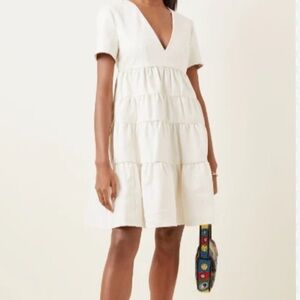 STAUD Mini Faux Leather Tiered Cocoon Dress Ivory